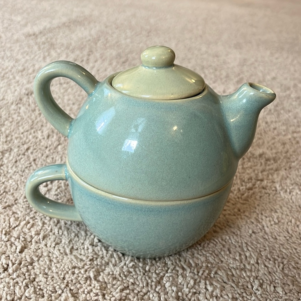 Pier 1 | Tea for One Set: Stackable Mug and Teapot | Sage Green Stoneware